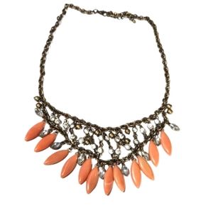 Brass necklace peach plastic beads rhinestones balls
